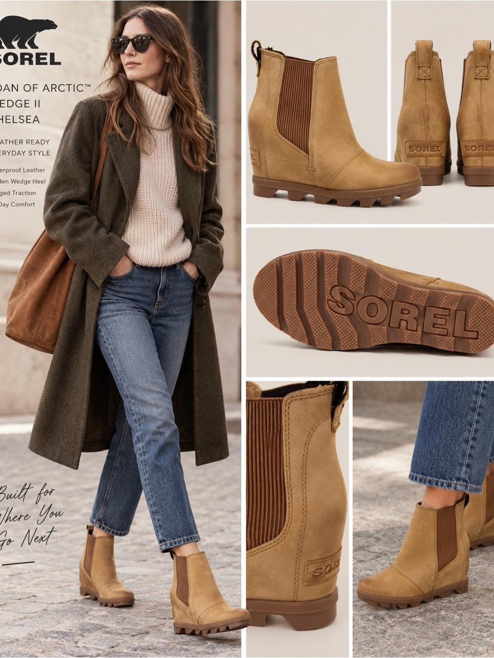 SOREL Joan of Arctic Wedge II Chelsea Boots Tan Leather Size 7 NWT